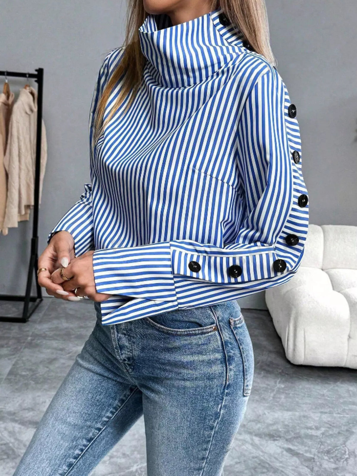 Striped Turtleneck Long Sleeve Blouse