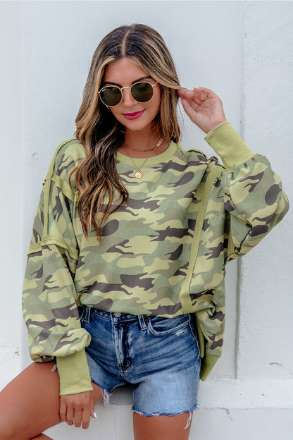 Green Camouflage Waffle Knit Raw Edge Contrast Trim Oversized Long Sleeve Top