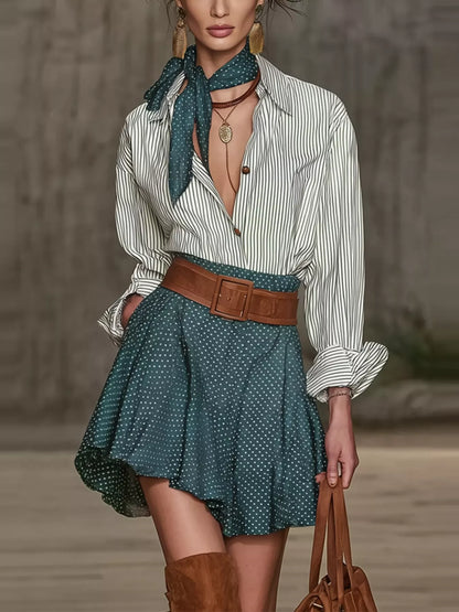 Button Up Shirt and Polka Dot Skirt Set