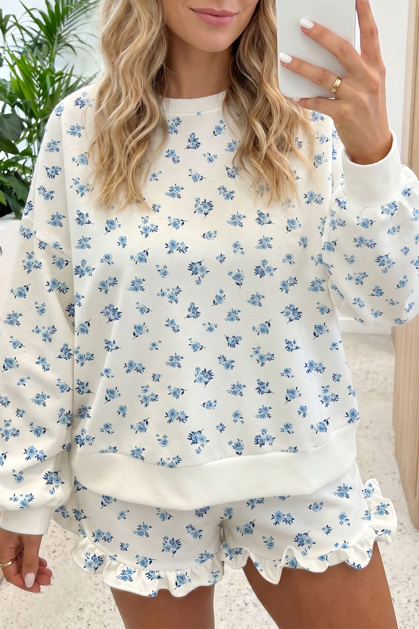 Sky Blue Floral Print Long Sleeve Top Elastic Waist Ruffle Hem Shorts 2pcs Set