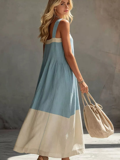Color-Block Sleeveless Linen-Blend Midi Dress