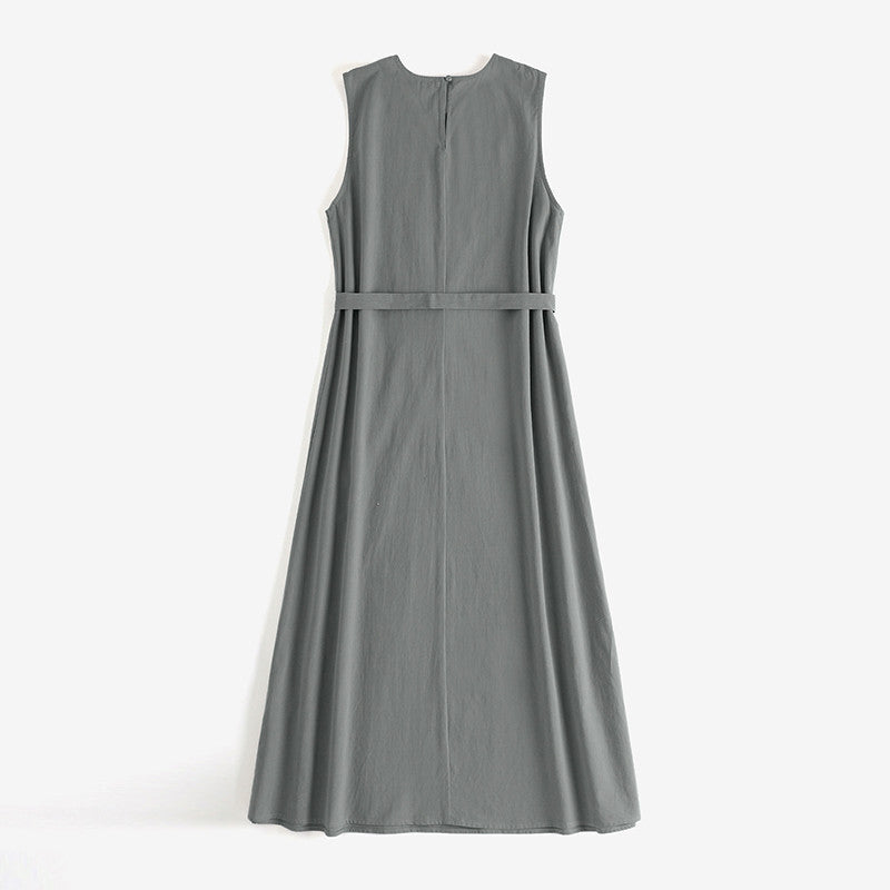 Casual Sleeveless Belted Cotton Dress