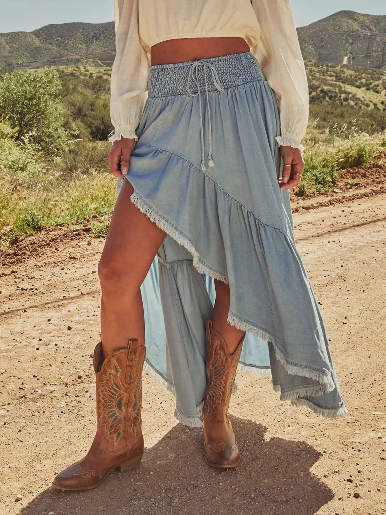 High-Low Frayed Hem Denim Skirt