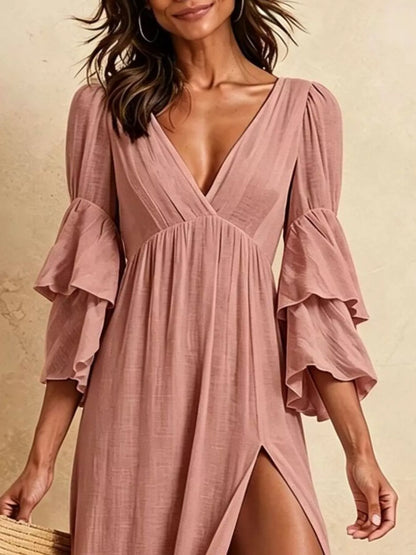 Tiered Ruffle Sleeves High Slit V-Neck Maxi Dress