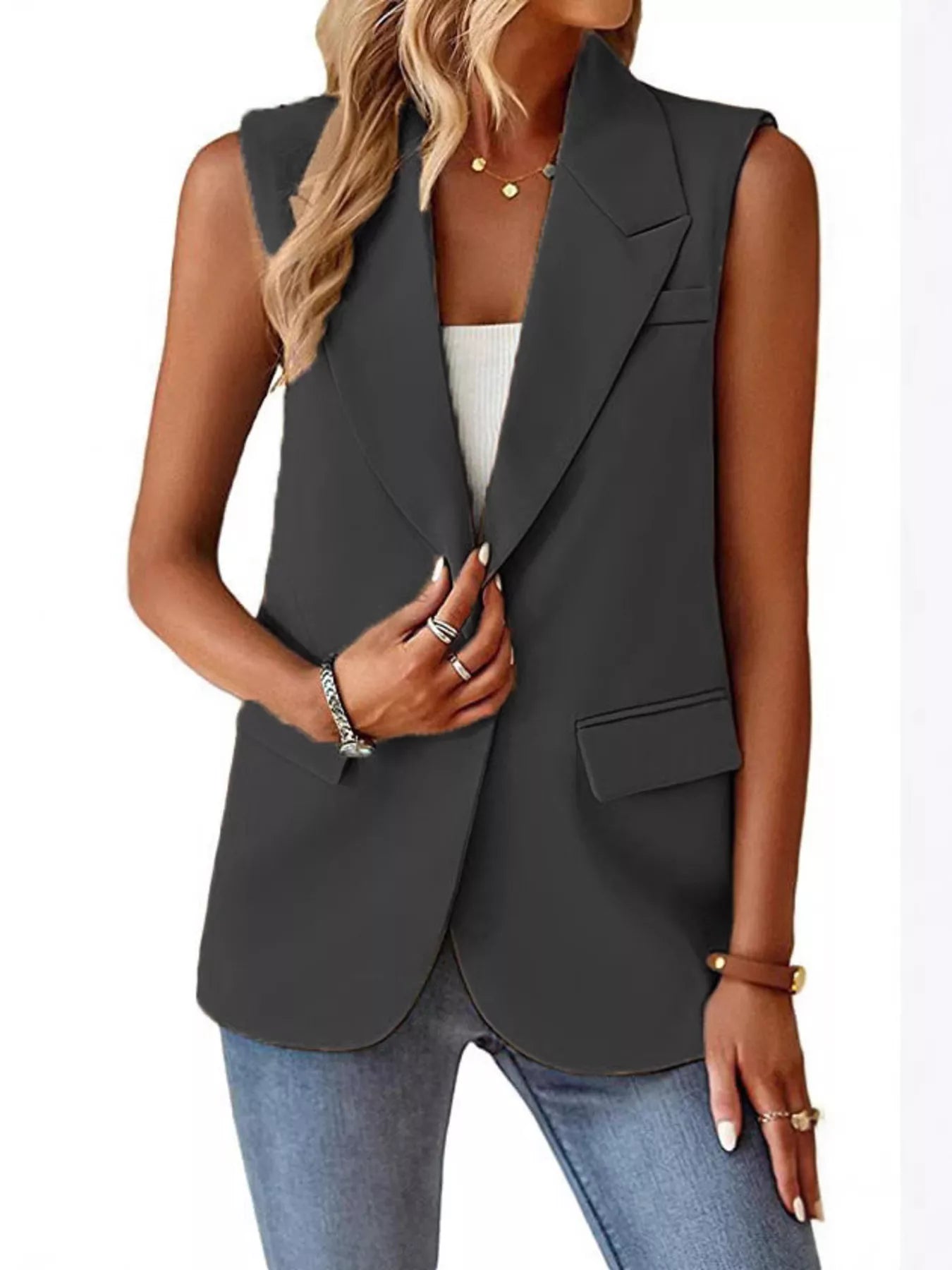 Full Size One Button Lapel Collar Vest Coat Plus Size