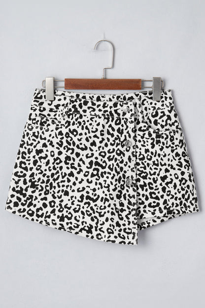 Black Leopard Print Button Overlap Denim Shorts