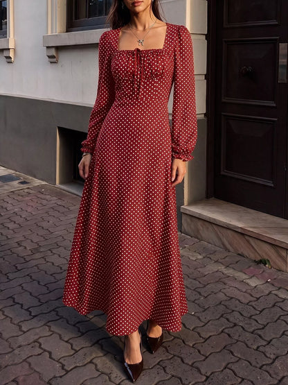 Square Neck Polka Dot Long Sleeve Maxi Dress