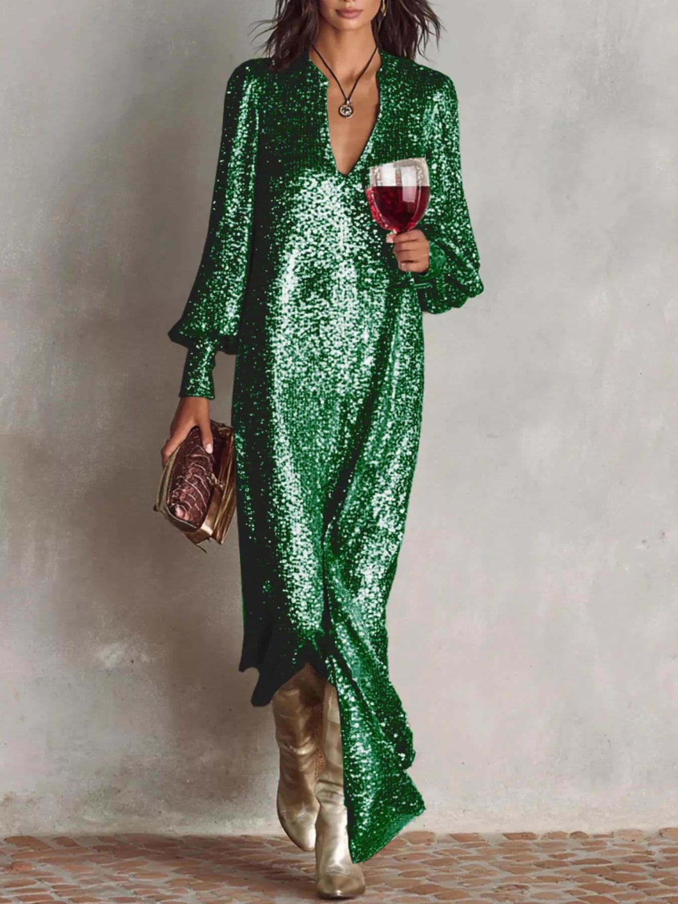 Aria's Sequin Notched Lantern Sleeve Maxi Dress