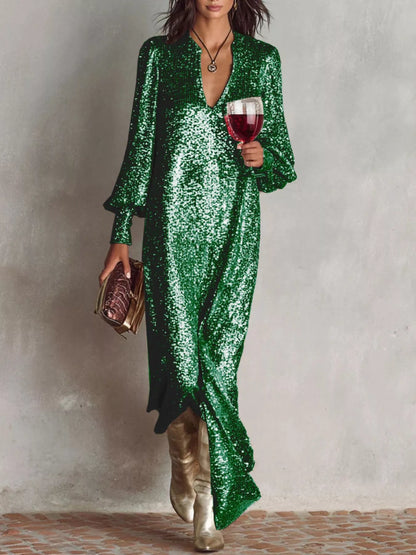Aria's Sequin Notched Lantern Sleeve Maxi Dress