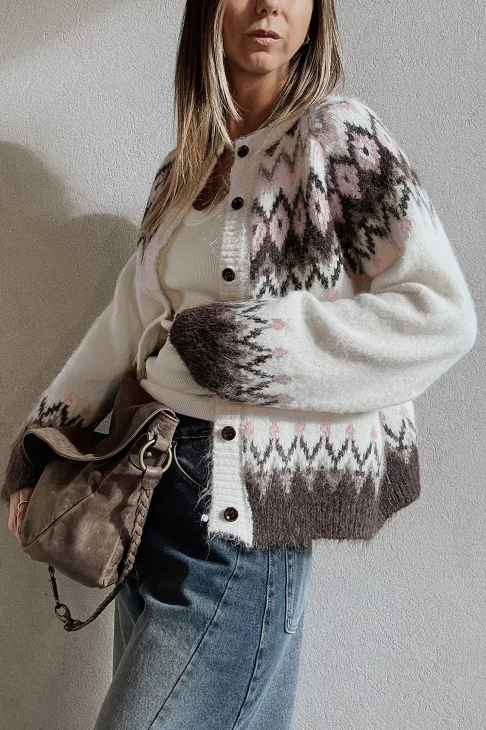 Geometric Pattern Brushed Knit Button Cardigan