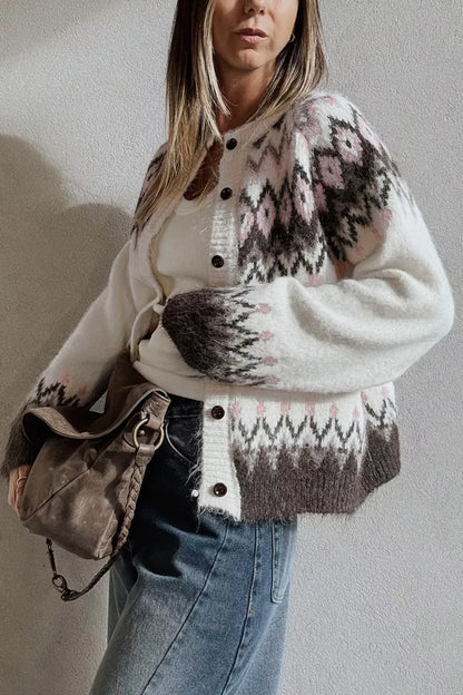 Geometric Pattern Brushed Knit Button Cardigan