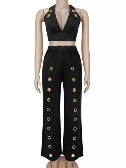 Eyelet Crop Top and Wide-Leg Pants Set