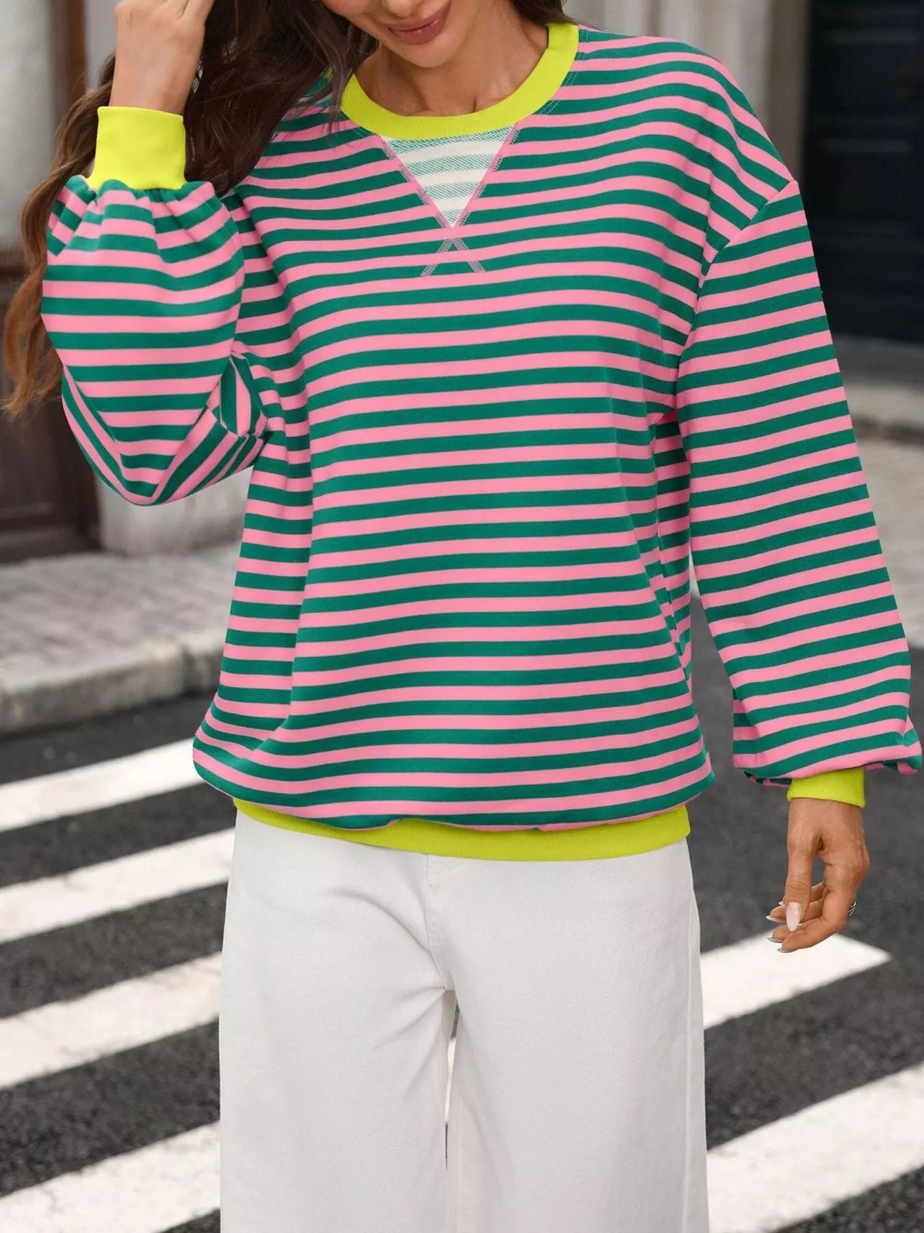 Contrast Trim Striped Crew Neck Sweatshirt