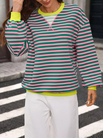 Contrast Trim Striped Crew Neck Sweatshirt