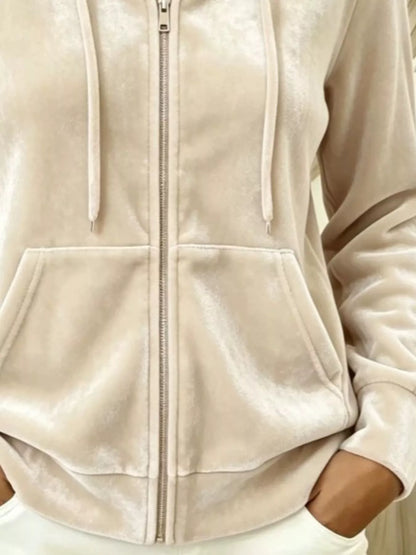 Full Size Velvet Zip-Up Hoodie with Drawstring Plus Size