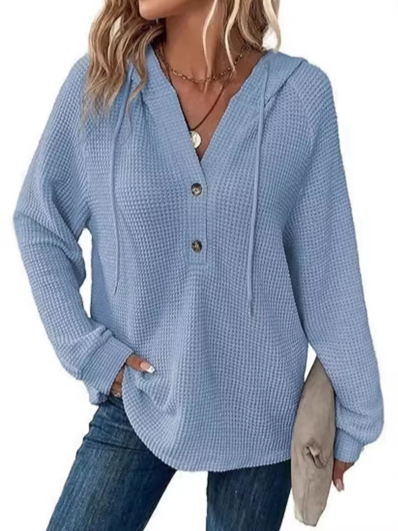 Full Size Waffle Knit Half-Button Hoodie Plus Size