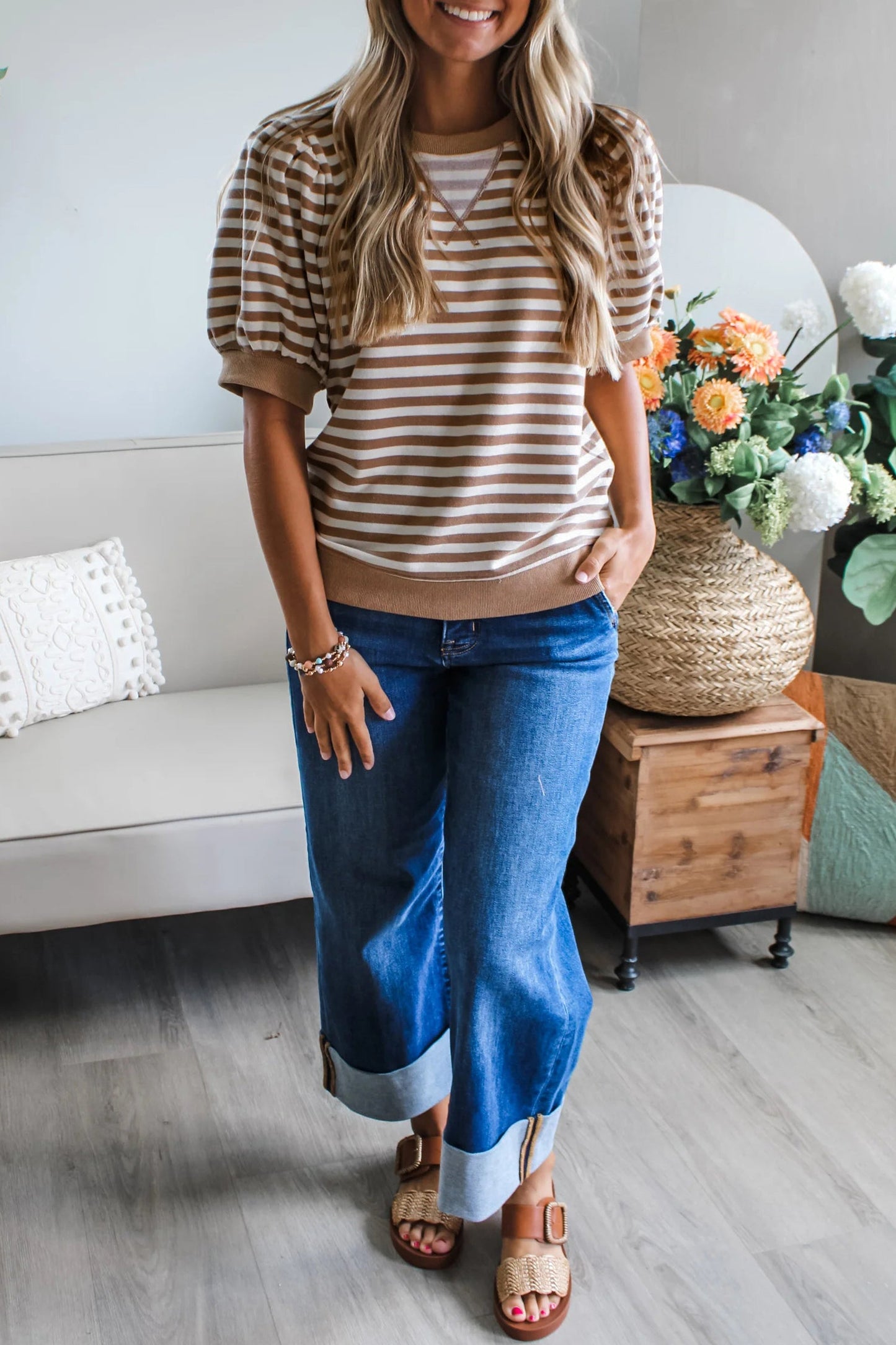 Orange Stripe Short Bubble Sleeve T Shirt