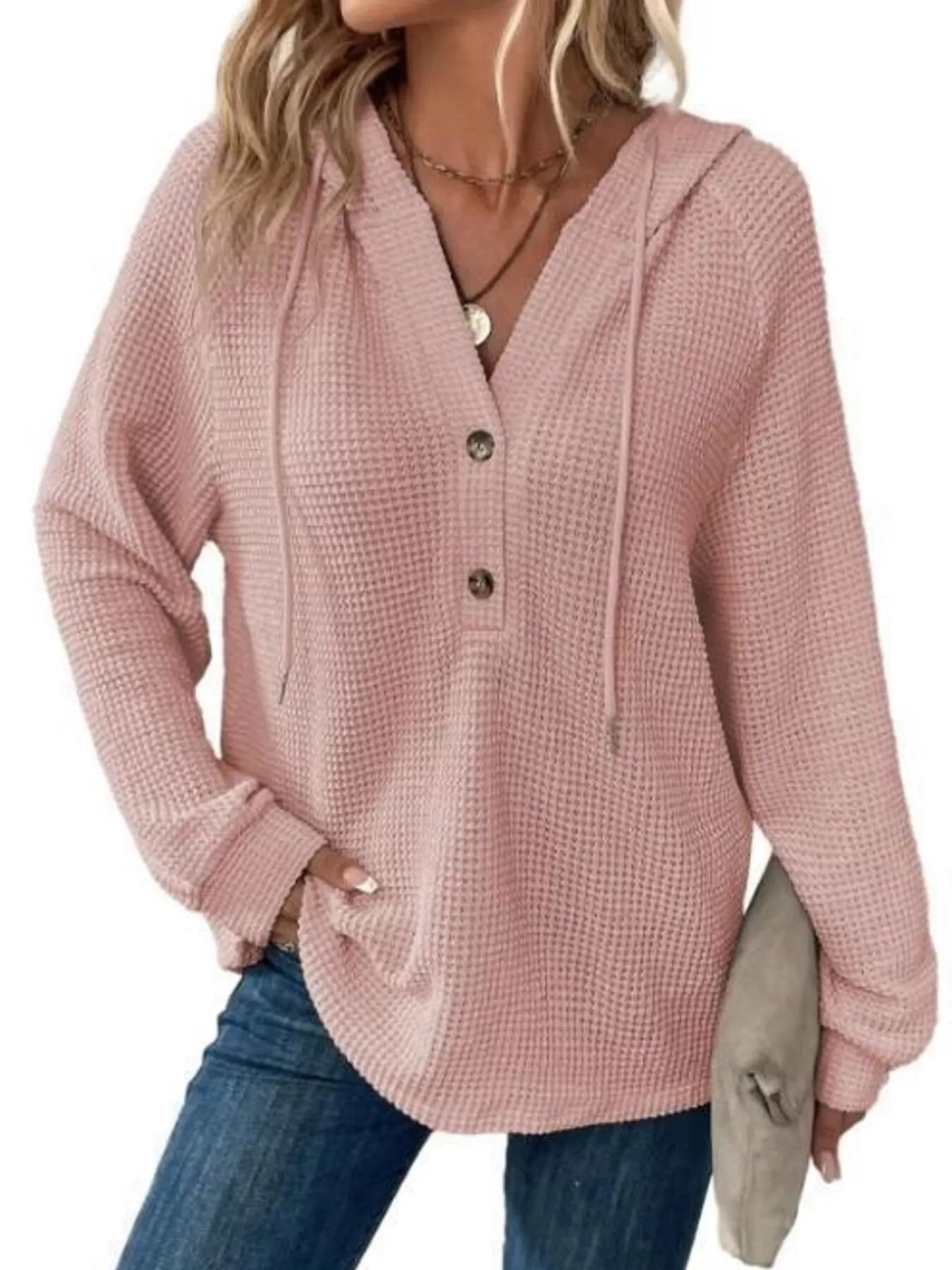 Full Size Waffle Knit Half-Button Hoodie Plus Size