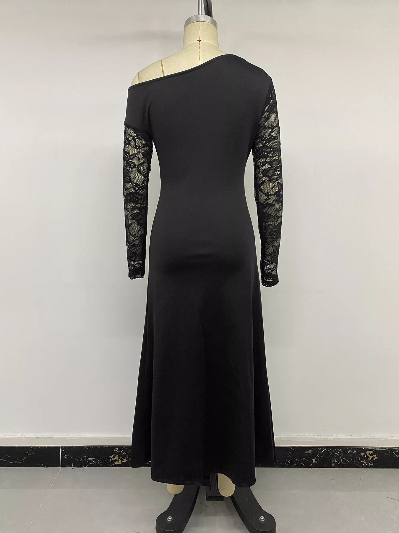 One-Shoulder Lace Sleeve Maxi Dress
