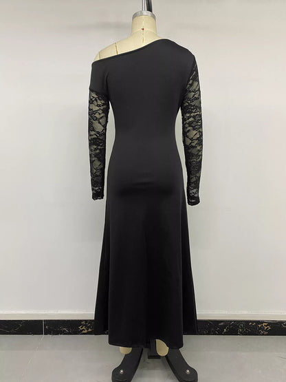 One-Shoulder Lace Sleeve Maxi Dress