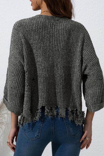 Blue Zone Planet | Distressed Round Neck Drop Shoulder Sweater