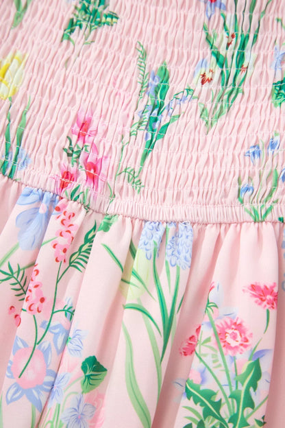 Floral Print Contrast Trim Self-tie Straps High Waist Midi Dress