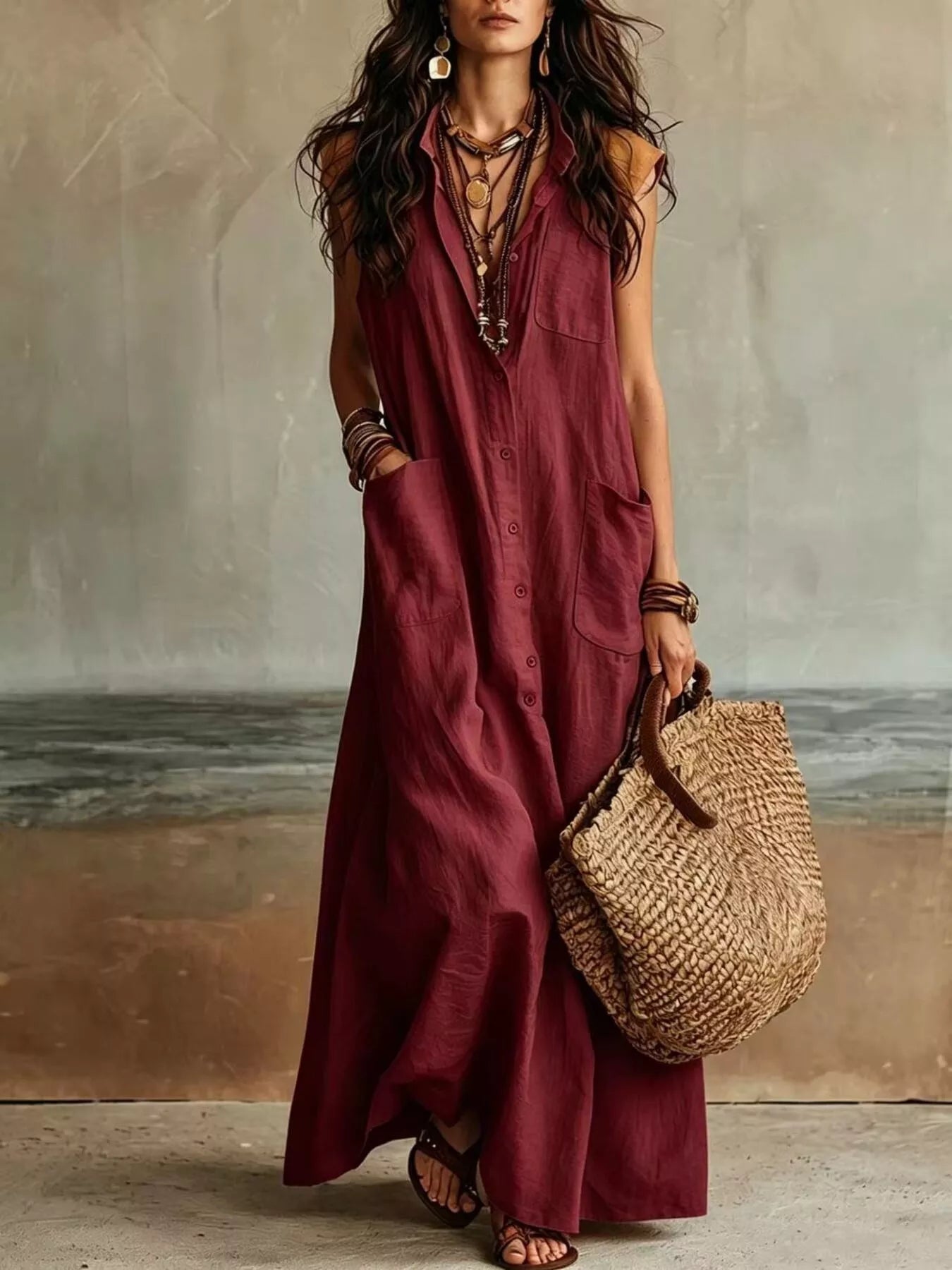 Sleeveless Button-Down Linen Maxi Dress