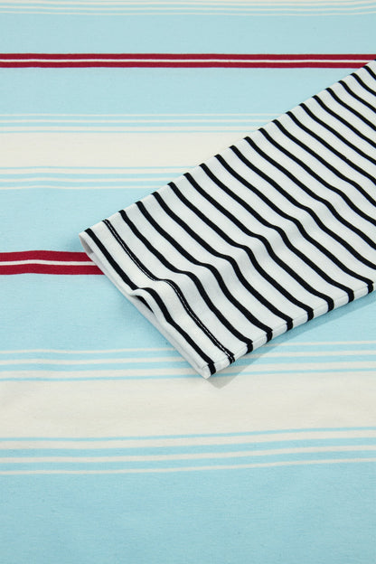 Sky Blue Stripe Casual Striped Patchwork Long Sleeve Loose Pullover Top