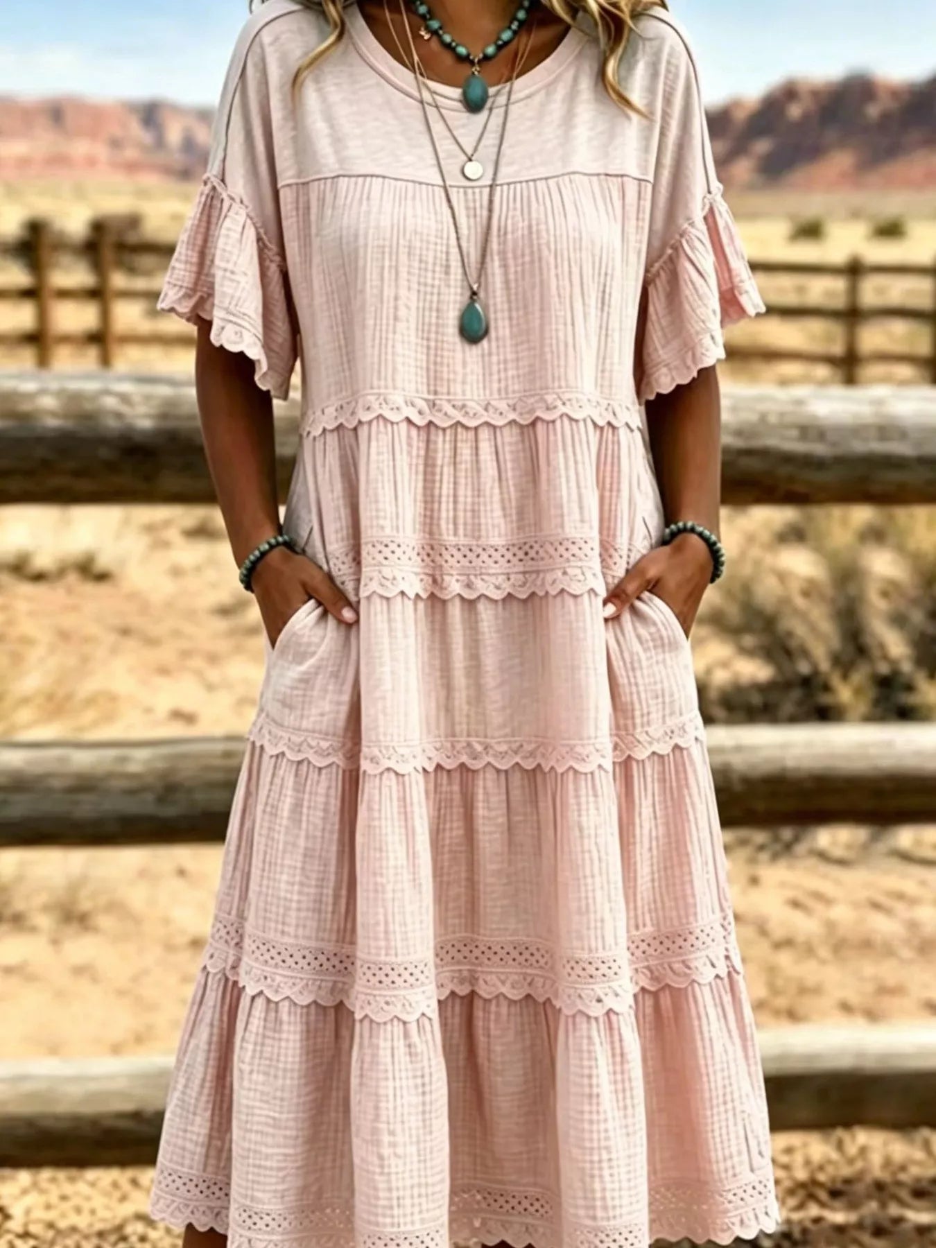 Plus Size Tiered Ruffle Sleeve Midi Dress with Pockets