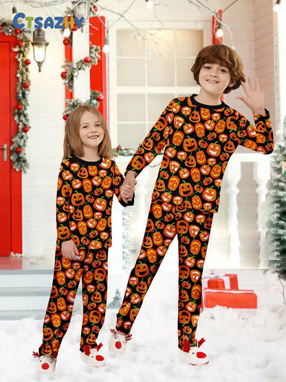 Full Size Family Matching Halloween Pumpkin Print Pajama Set Plus Size