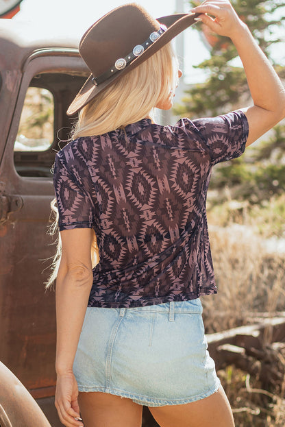 Brown Aztec Print Mock Neck Short Sleeve Mesh T Shirt