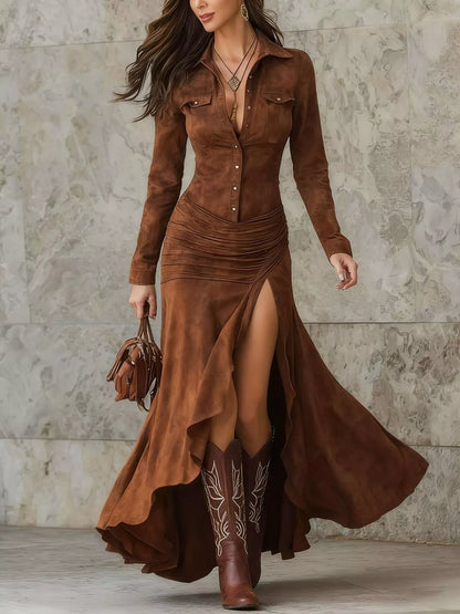 Full Size High-Low Long Sleeve Maxi Dress Plus Size