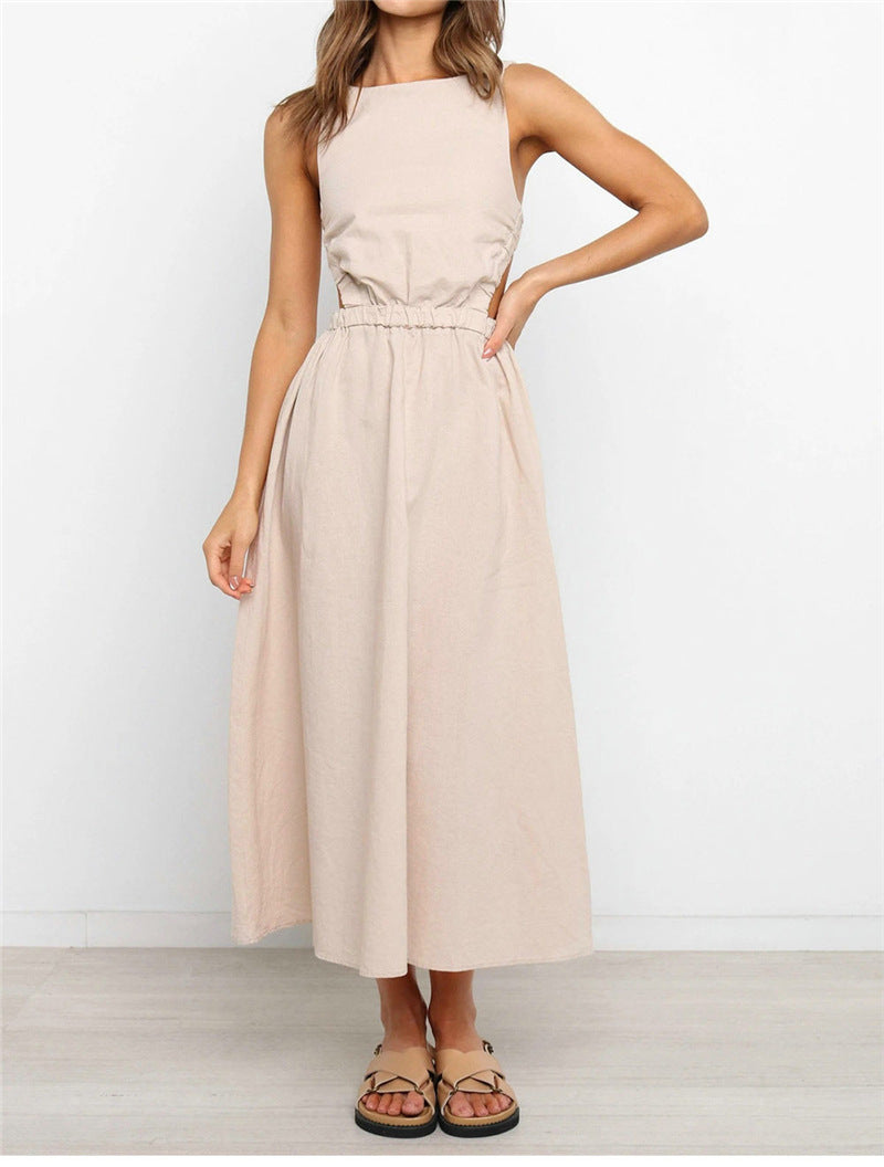 Solid Color Linen Backless Dress