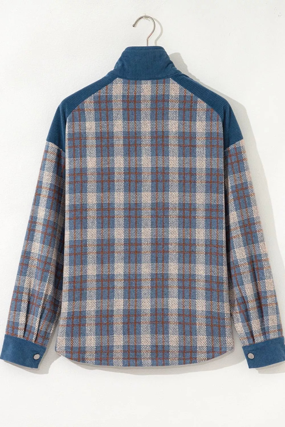 Plaid Corduroy Patchwork Collared Zip Up Snap Button Jacket