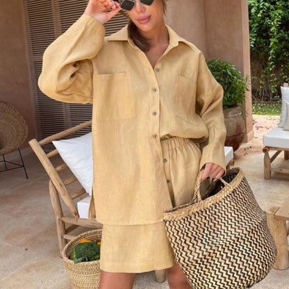 Loose Solid Color Long Sleeves Shirt and Shorts Suit