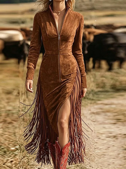 Fringe Zip-Front Midi Dress