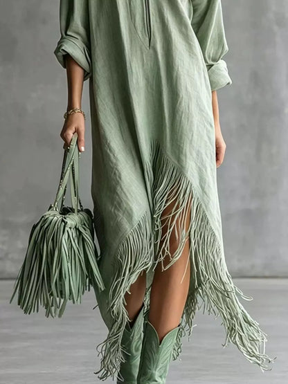 Fringe Hem Zip-Up Shirt Dress