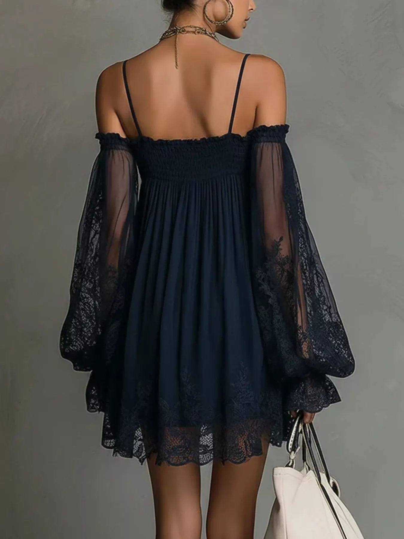 Spaghetti Strap Lace Flounce Sleeve Mini Dress