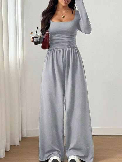 Ruched Square Neck Wide-Leg Jumpsuit