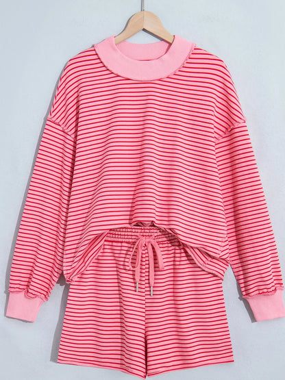 Stripe Ribbed Patchwork Mock Neck Baggy Pullover Matching Shorts Set