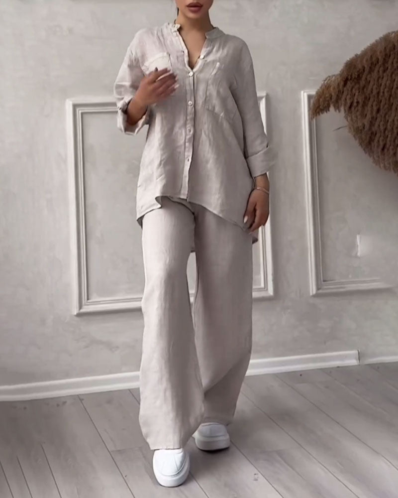 Solid Color Cotton Linen Long-sleeved Shirt & Lace-up Wide Leg Pants Two-piece Set