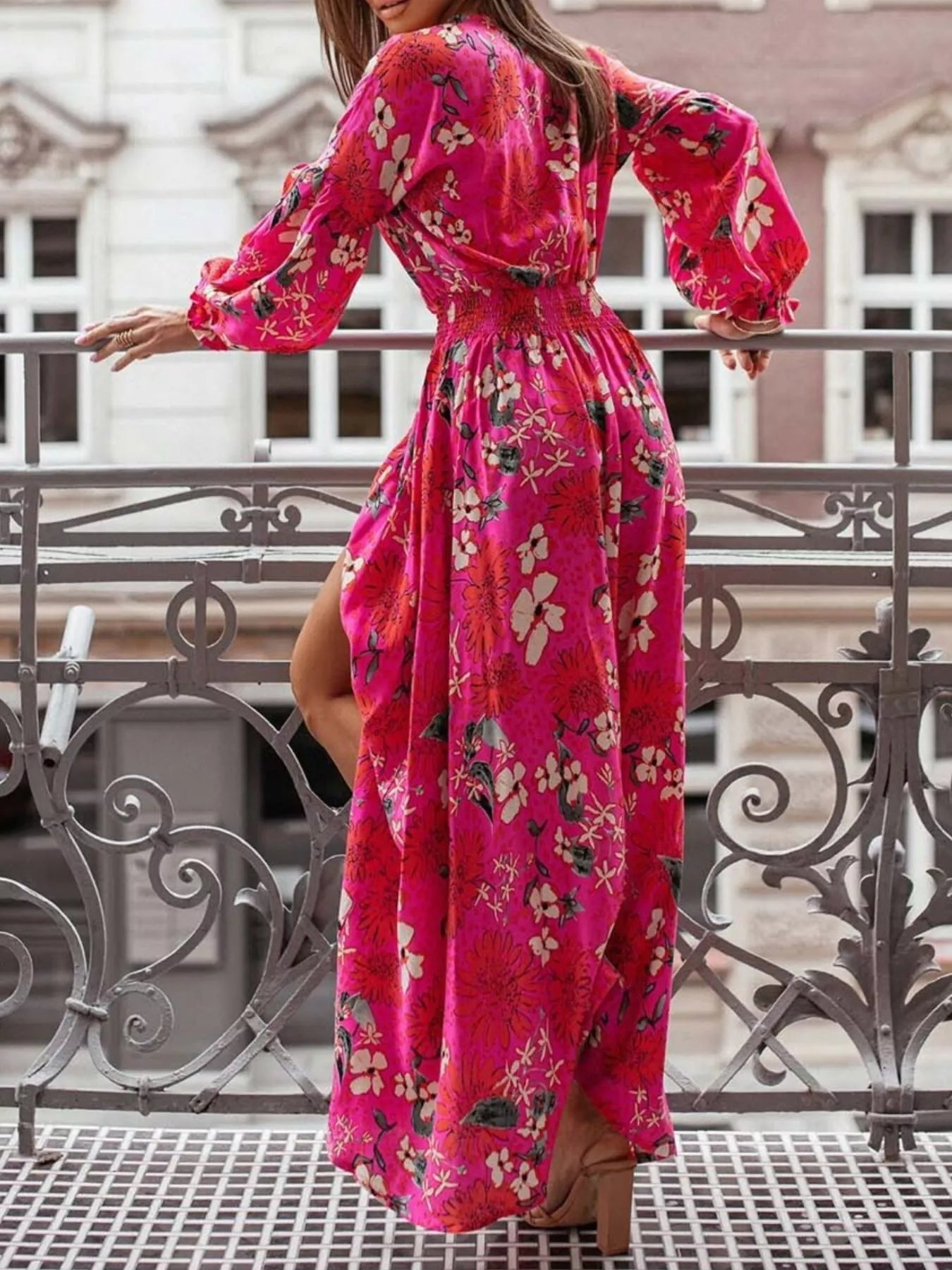 Bohemian Printed Maxi Dress with Plunging Neckline
