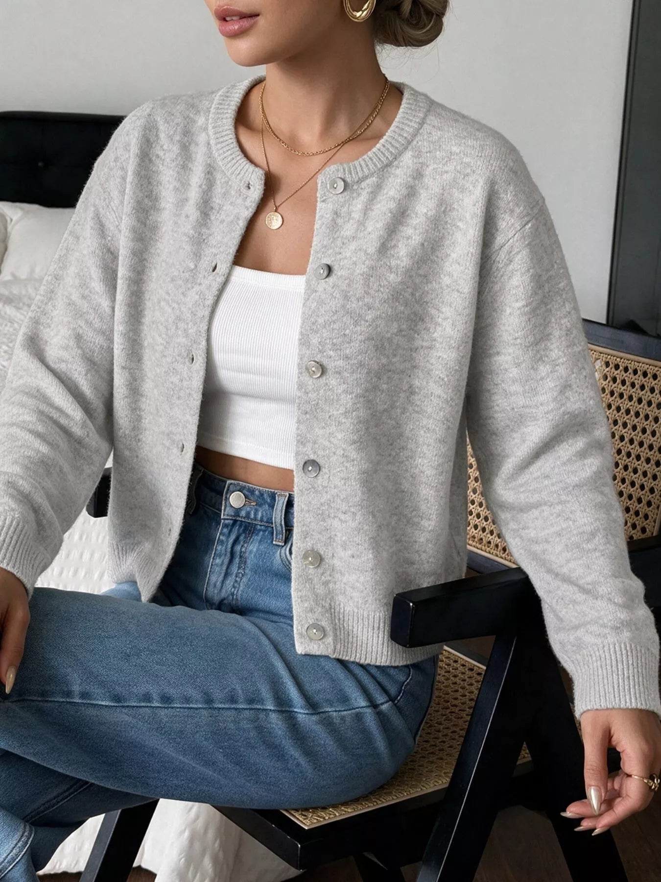 Crew Neck Button-Down Cardigan