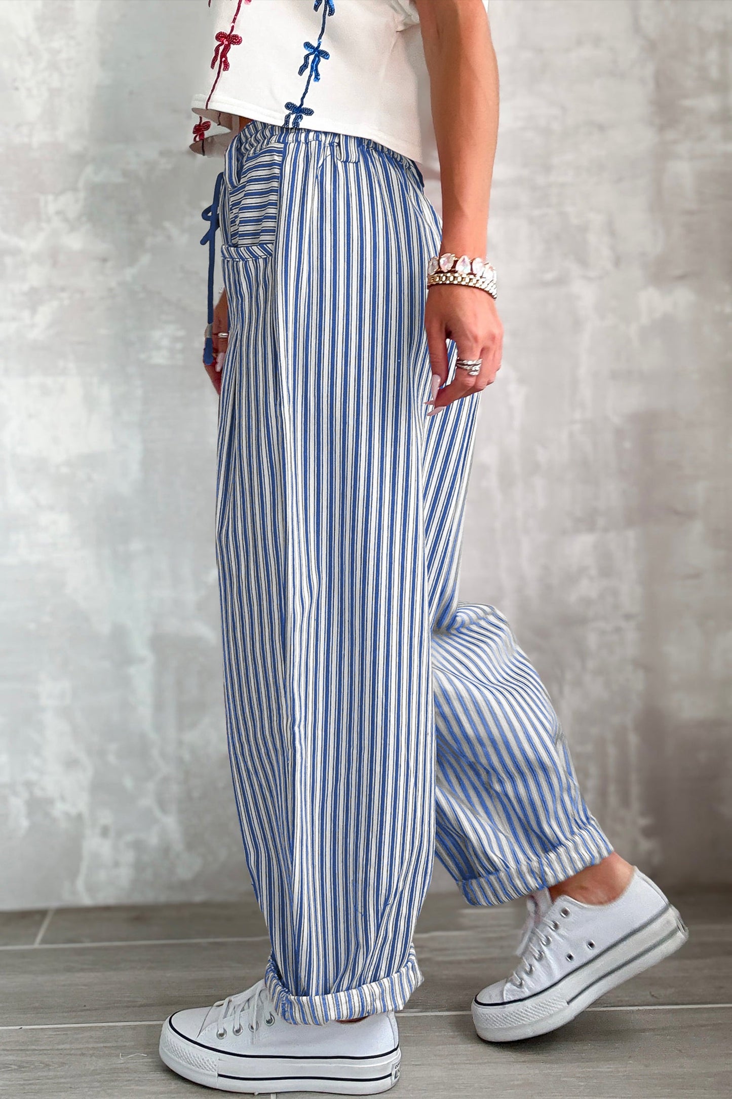 Blue Stripe Drawstring Casual Loose Pants