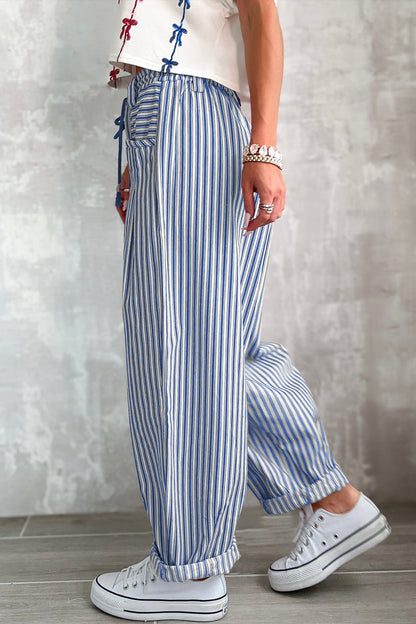 Blue Stripe Drawstring Casual Loose Pants