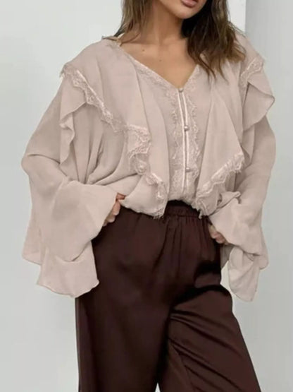 V-Neck Ruffled Lace Trim Blouse