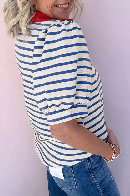 Striped Collared Neck Short Sleeve Blouse