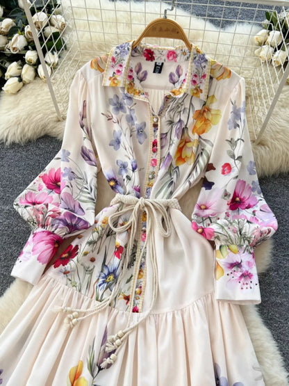 Floral Print Lantern Sleeve Midi Dress
