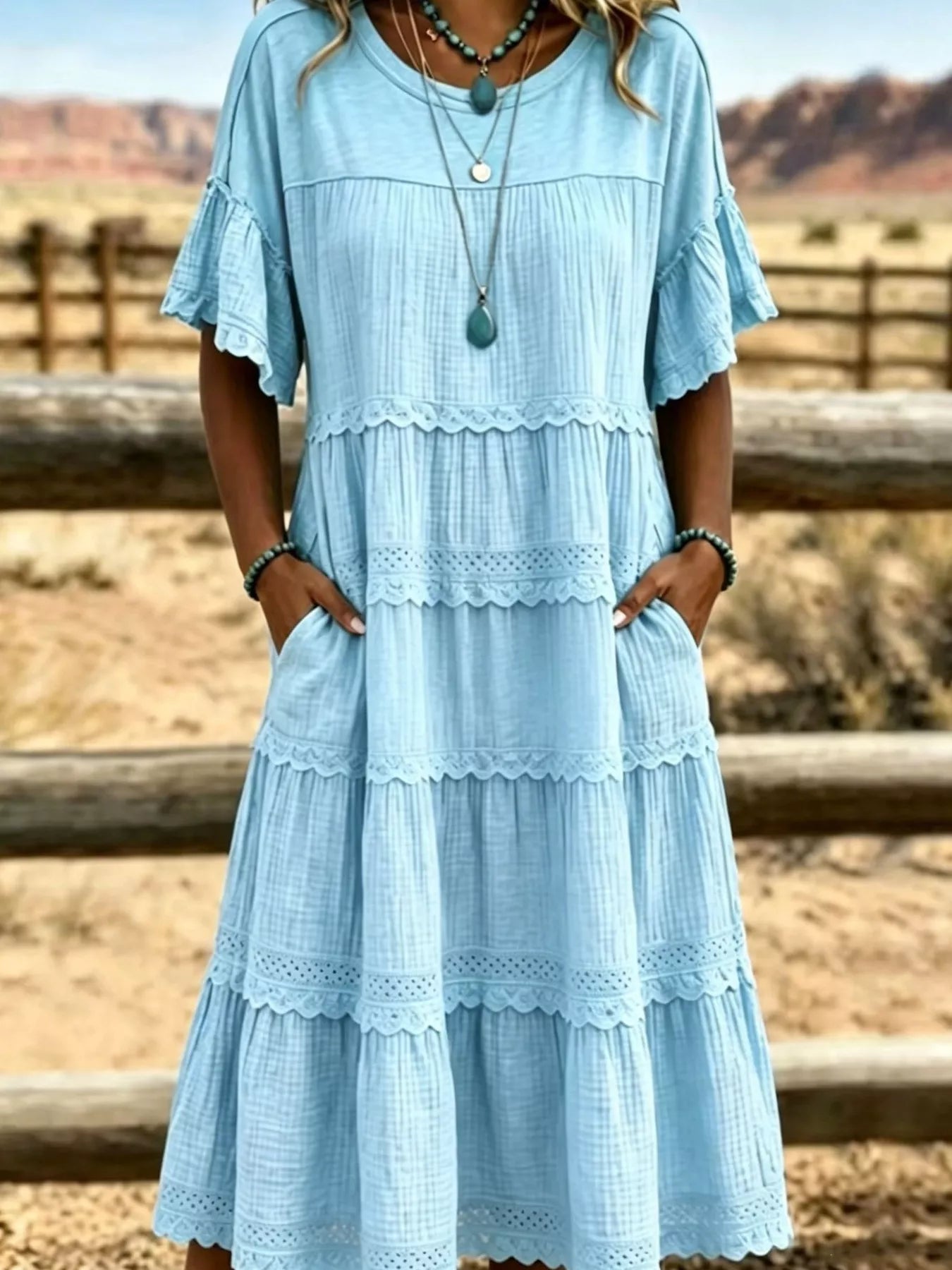 Plus Size Tiered Ruffle Sleeve Midi Dress with Pockets