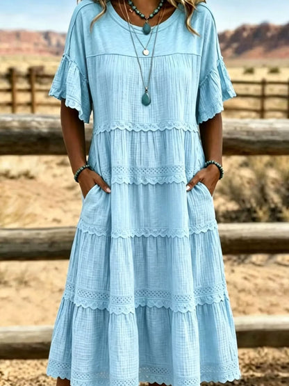Plus Size Tiered Ruffle Sleeve Midi Dress with Pockets